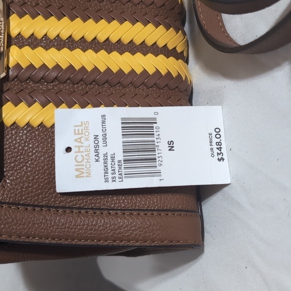 Michael Kors Karson XS Satchel Brown Pebbled Leather Lugg/Citrus Braided Front - Picture 7 of 8